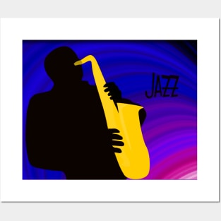 Silhouette of a Jazz Saxophone Player, Purple Blue Background Posters and Art